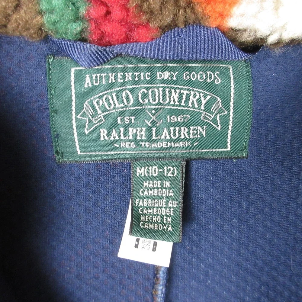 Polo Country Ralph Lauren Jacket Boys Medium 10-12 Patchwork Print Teddy Fleece